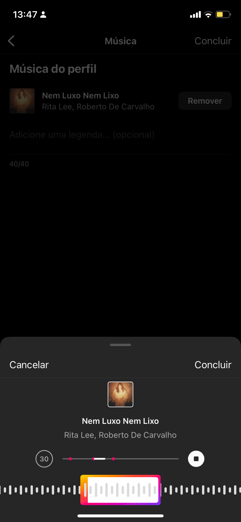 Ao selecionar a música, o Instagram permite definir o trecho a ser tocado no perfil.