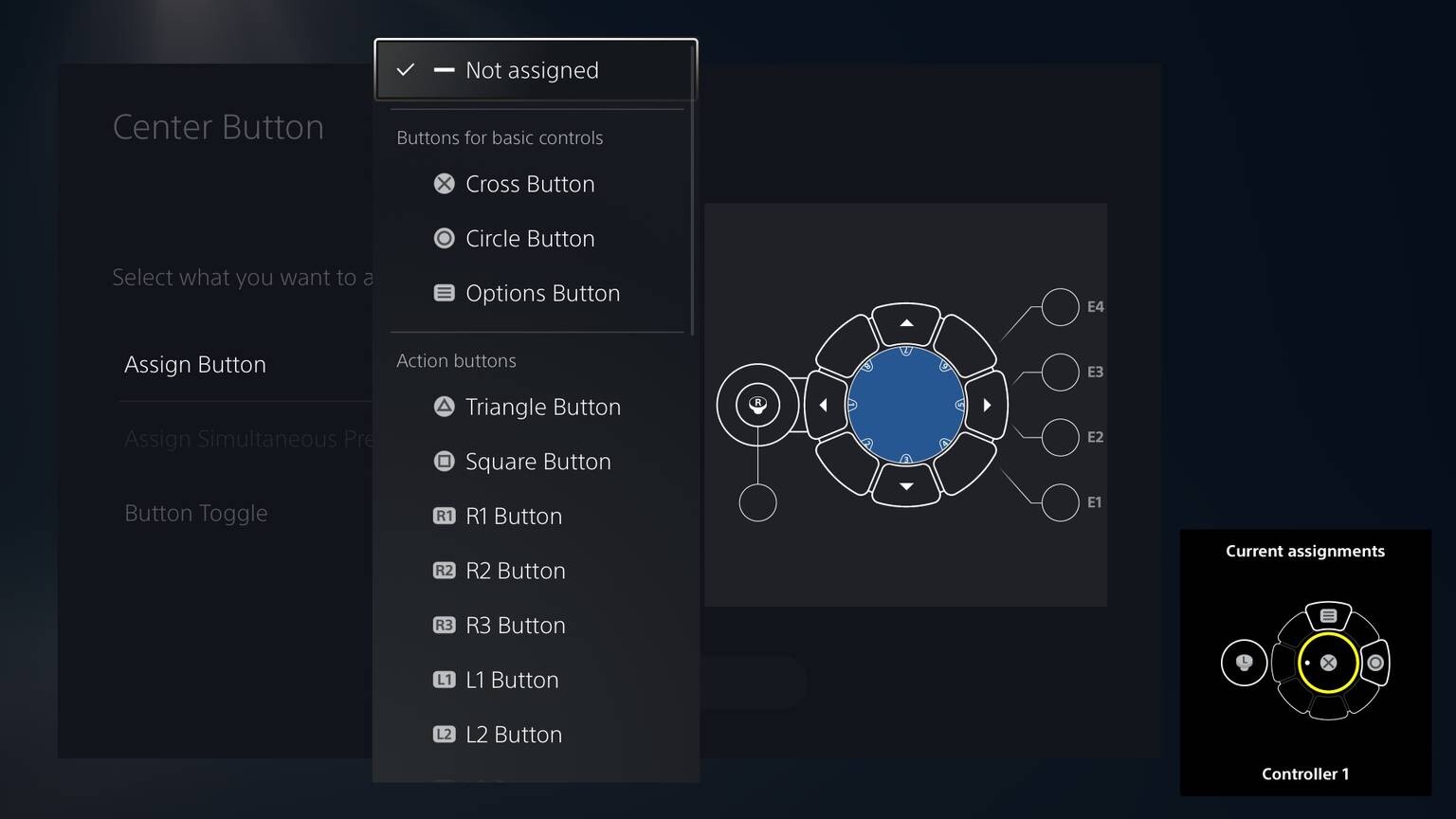 Descrição da Imagem: Menu de mapeamento de controle do PS5