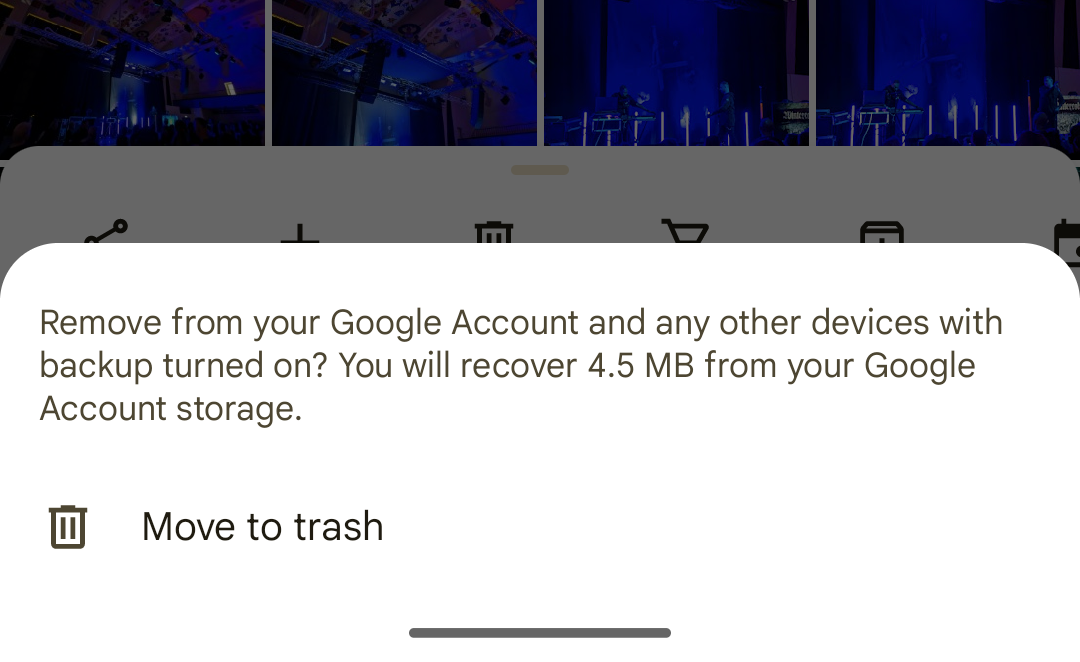 When deleting files, Google Photos shows a warning about how much storage space will be freed up.