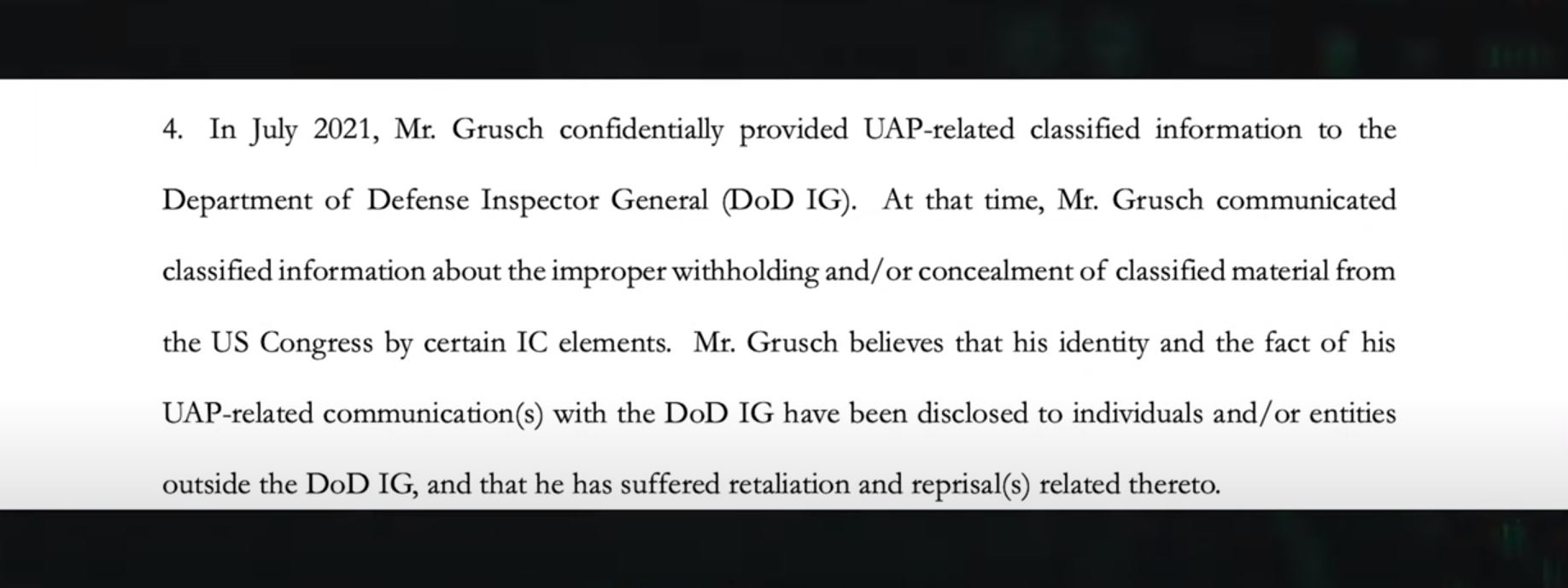 Um documento oficial confirma que, em 2021, Grusch relatou o caso ao Departamento de Defesa dos Estados Unidos.