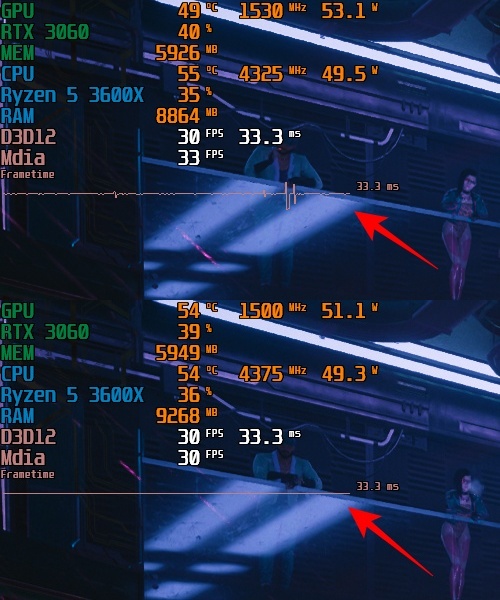 Tempo dos quadros prejudicado por stuterring (cima) vs tempo dos quadros completamente estável (baixo). A segunda imagem teve os quadros travados com o Rivatuner.