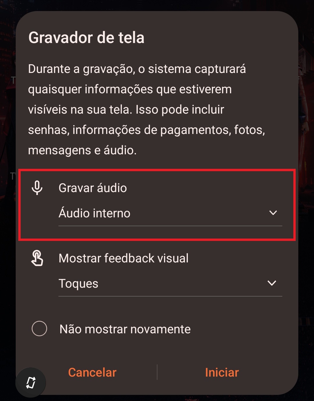 No Android é preciso chavear para a opção "Áudio interno" para que o som seja capturado junto com a imagem que está sendo executada