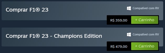 Valores atuais de F1 2023 na Steam, na sua versão para PC