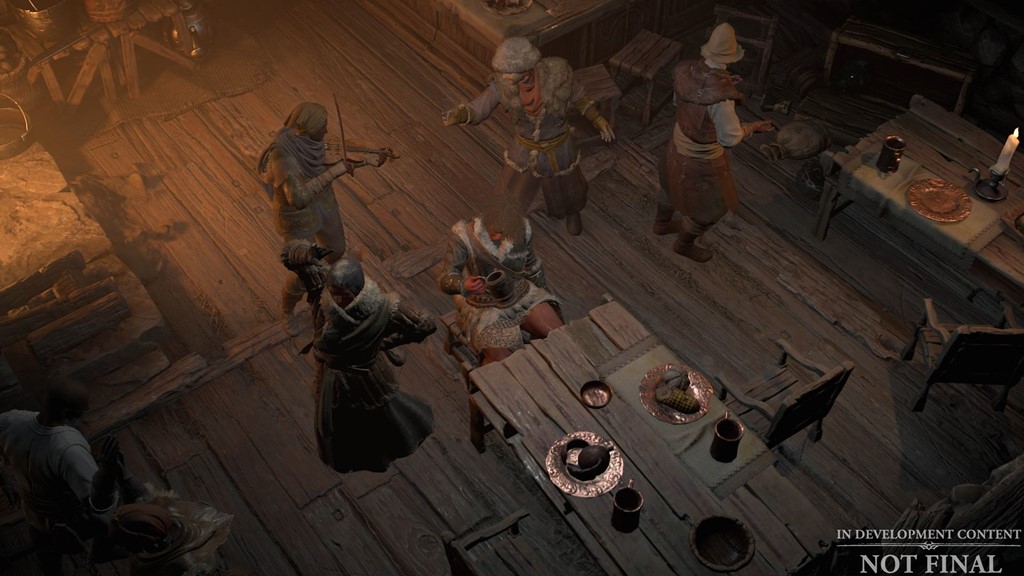 Descrição da Imagem: Cena de gameplay vista de cima de personagens em uma taverna
