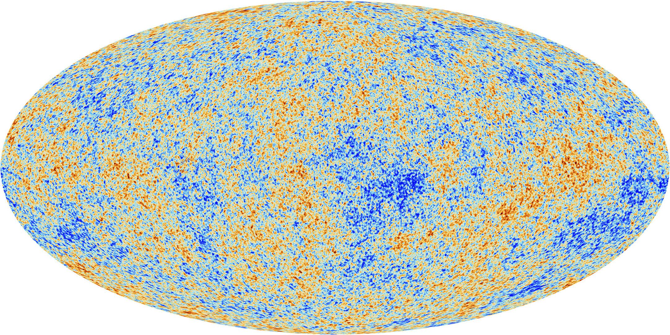 Map of the cosmic microwave background observed by the Planck satellite.  The color difference in the dots indicates temperature fluctuations.