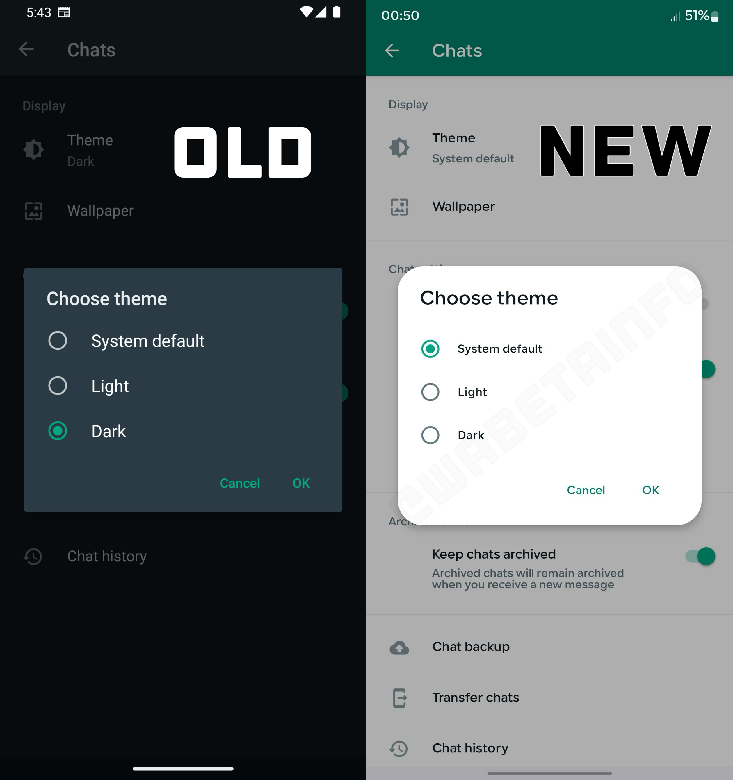 The comparison shows the redesign in the beta version of WhatsApp.