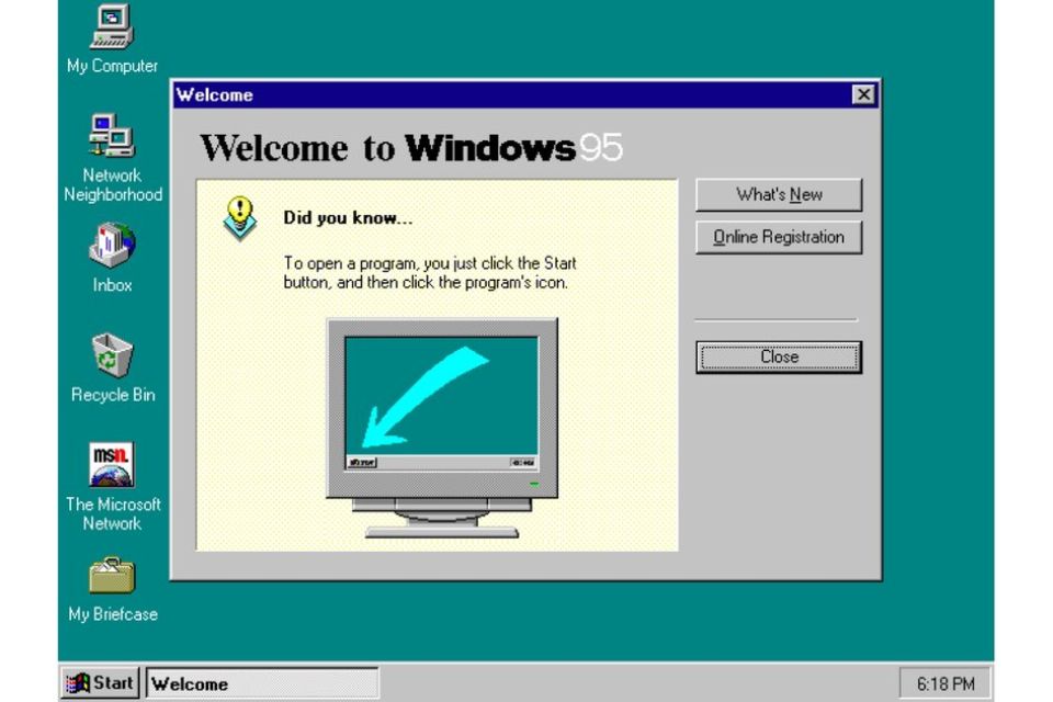 Interface do sistema operacional Windows 95.