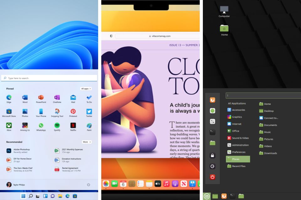The interfaces of the three most used operating systems in the world: Windows, macOS and Linux.