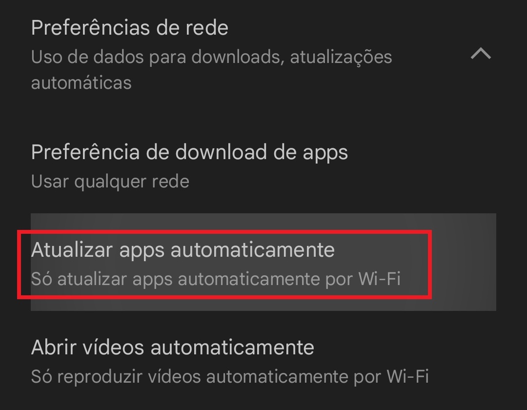 Na opção "Atualizar apps automaticamente" você ativa a instalação automática de novas versões dos aplicativos