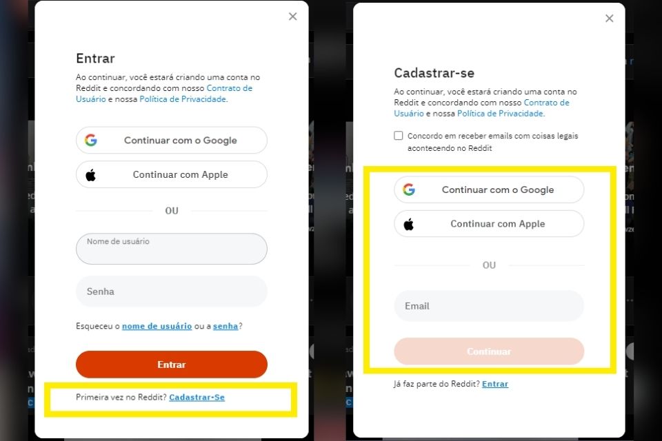 É possível conectar sua conta Google ou Apple com o Reddit.