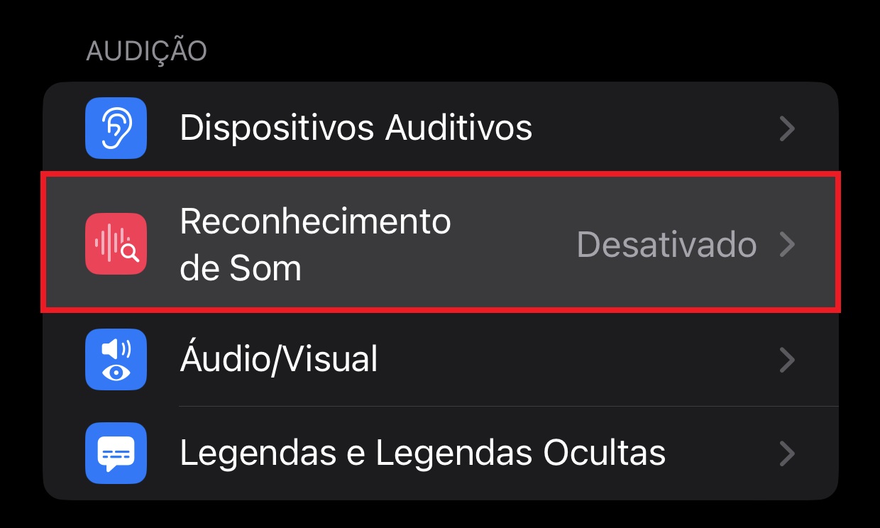 Aperte em "Reconhecimento de Som" para ativar a opção