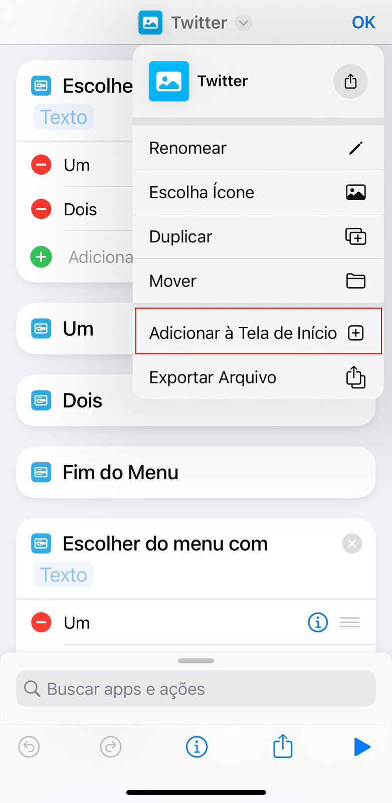 Opções de atalho iOS