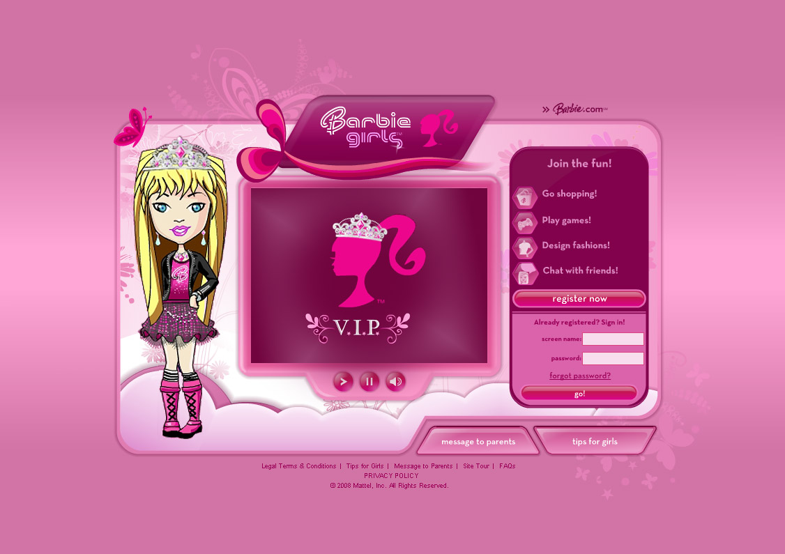 Página de login do BarbieGirls.com.