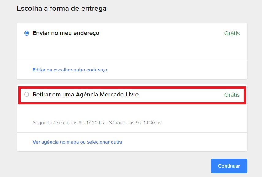 Caso a agência mais próxima já esteja sinalizada, basta clicar em "Continuar"