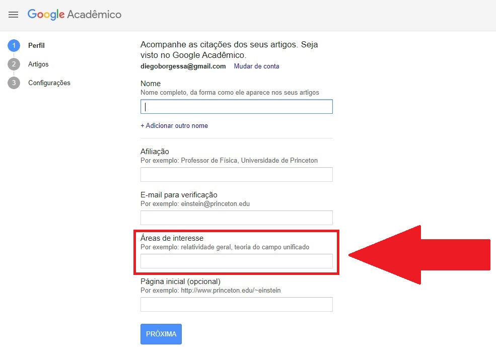 O campo "Áreas de interesse" também é uma forma de indexar seus artigos por palavras chaves