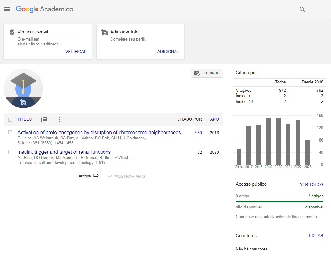 Essa será a sua página principal no Google Acadêmico