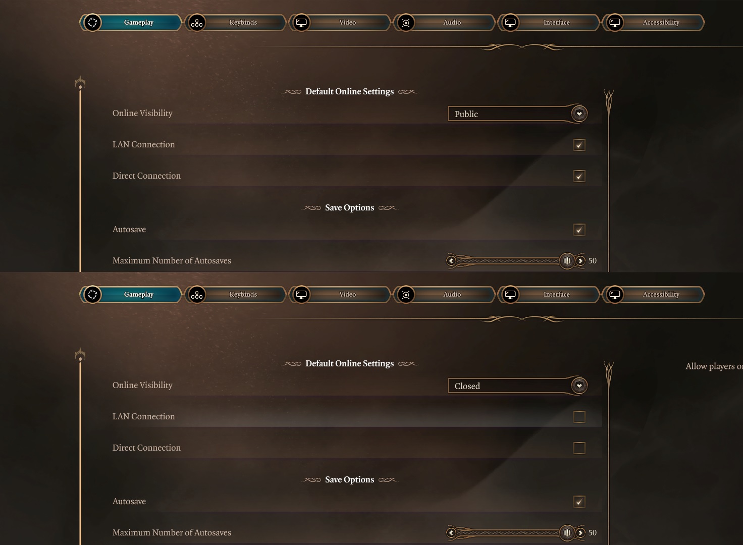 Desativando funções online de Baldur's Gate 3. 