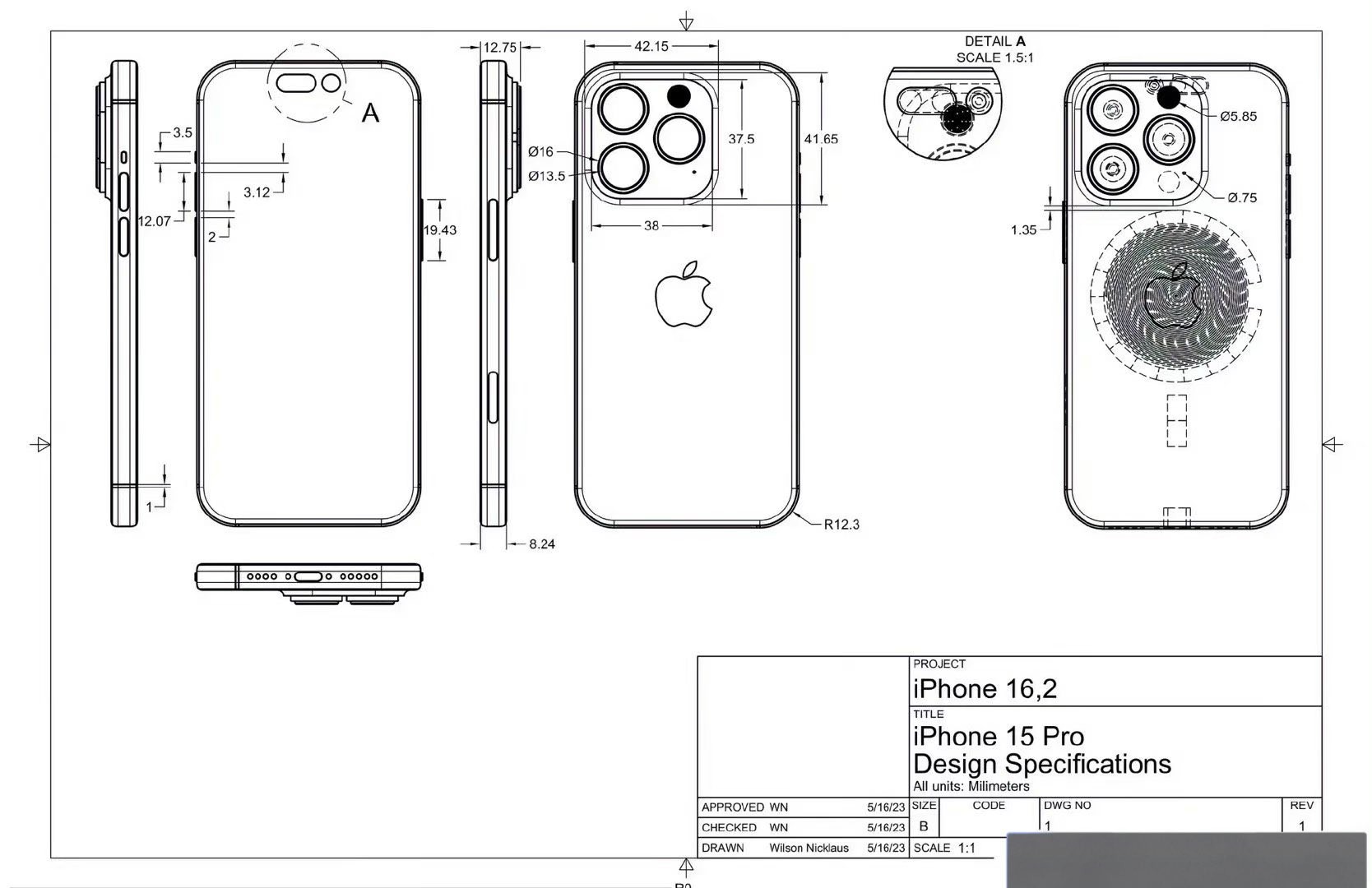 Os planos mostram o novo botão e as medidas do iPhone 15 Pro.