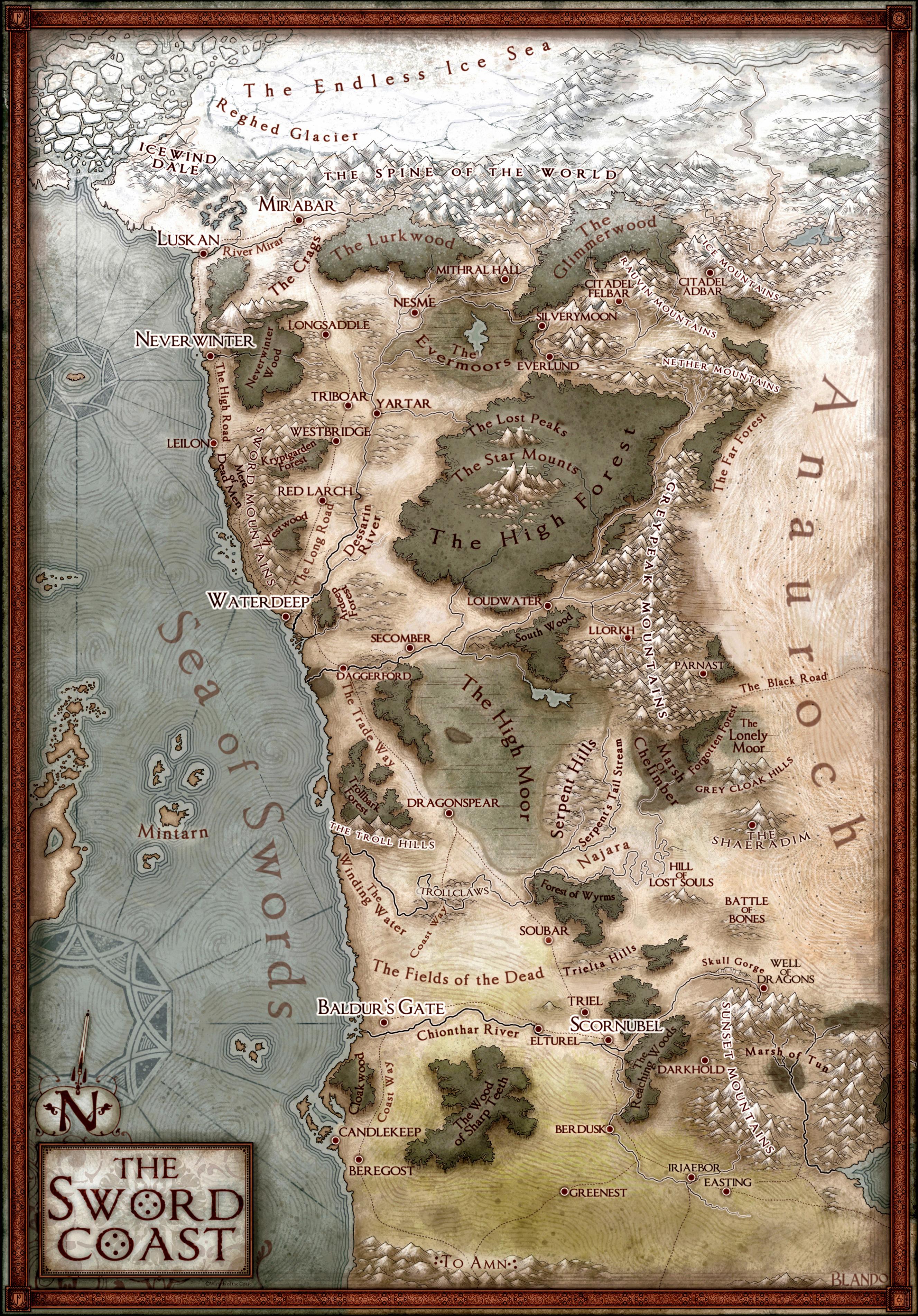 Official map of the Sword Coast, one of the main areas in the Forgotten Kingdoms.