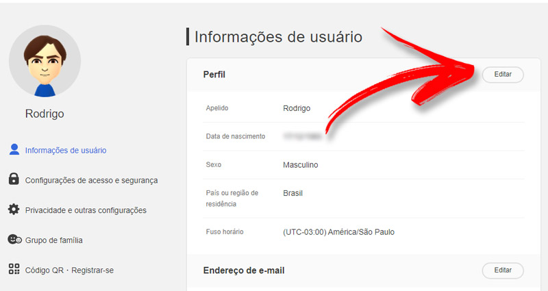 Você deve visitar o site da Nintendo para editar suas informações