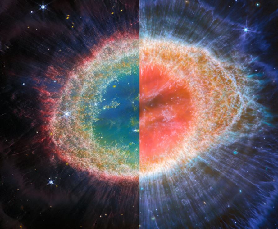 On the left is the image photographed by NIRCam;  on the right, the image captured by the MIRI instrument.