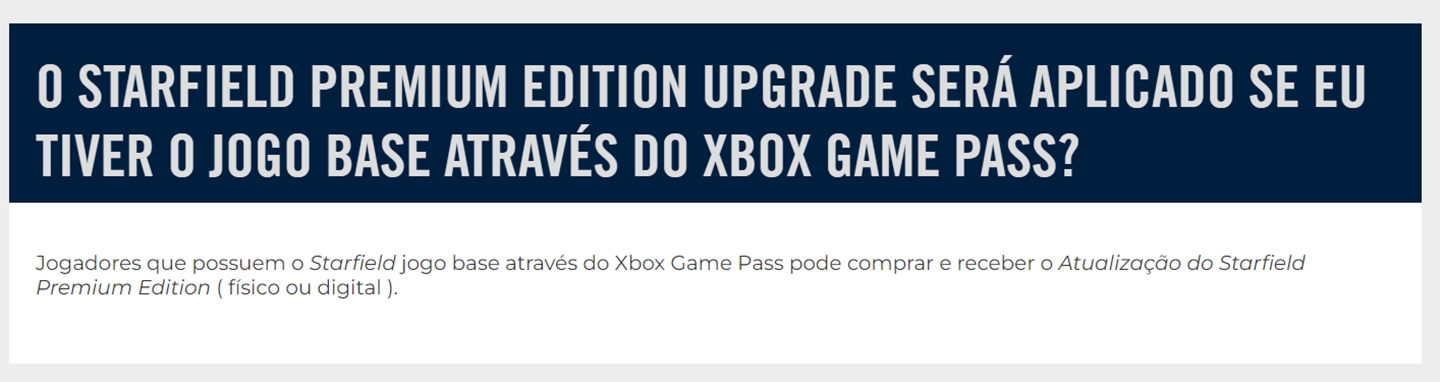 Informação oficial no site da Bethesda sobre o upgrade de Starfield no Xbox Game Pass.