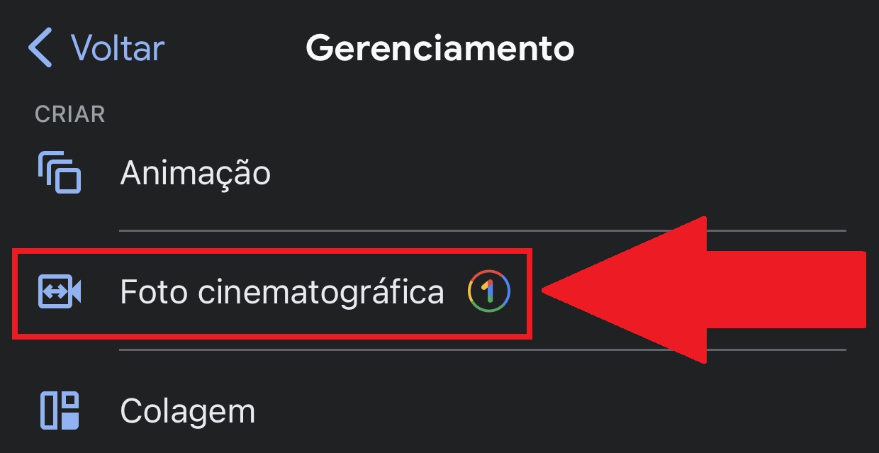 A opção Foto cinematográfica" cria o efeito 3D em suas imagens armazenadas no Google Fotos