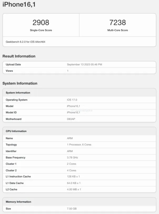 Resultados do iPhone 15 Pro, identificado como "iPhone 16.1".