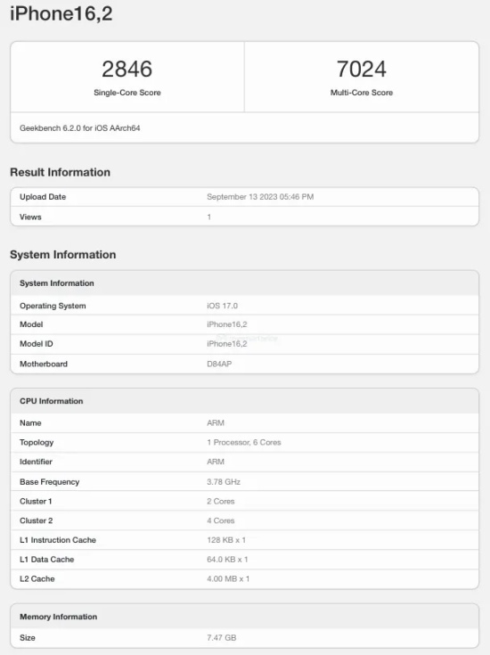 Resultados do iPhone 15 Pro Max, citado como "iPhone 16.2".