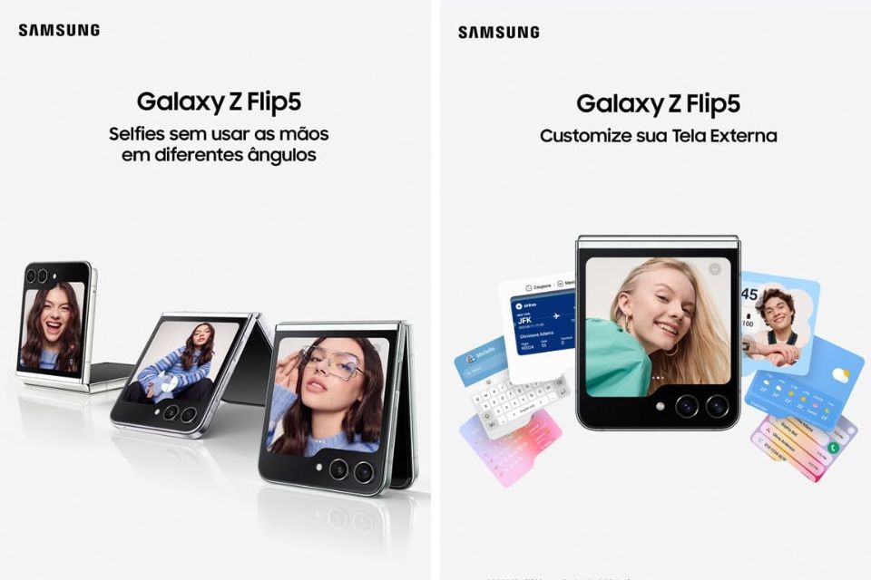 O modelo flip da Samsung apoia facilmente nas superfícies para tirar selfies.