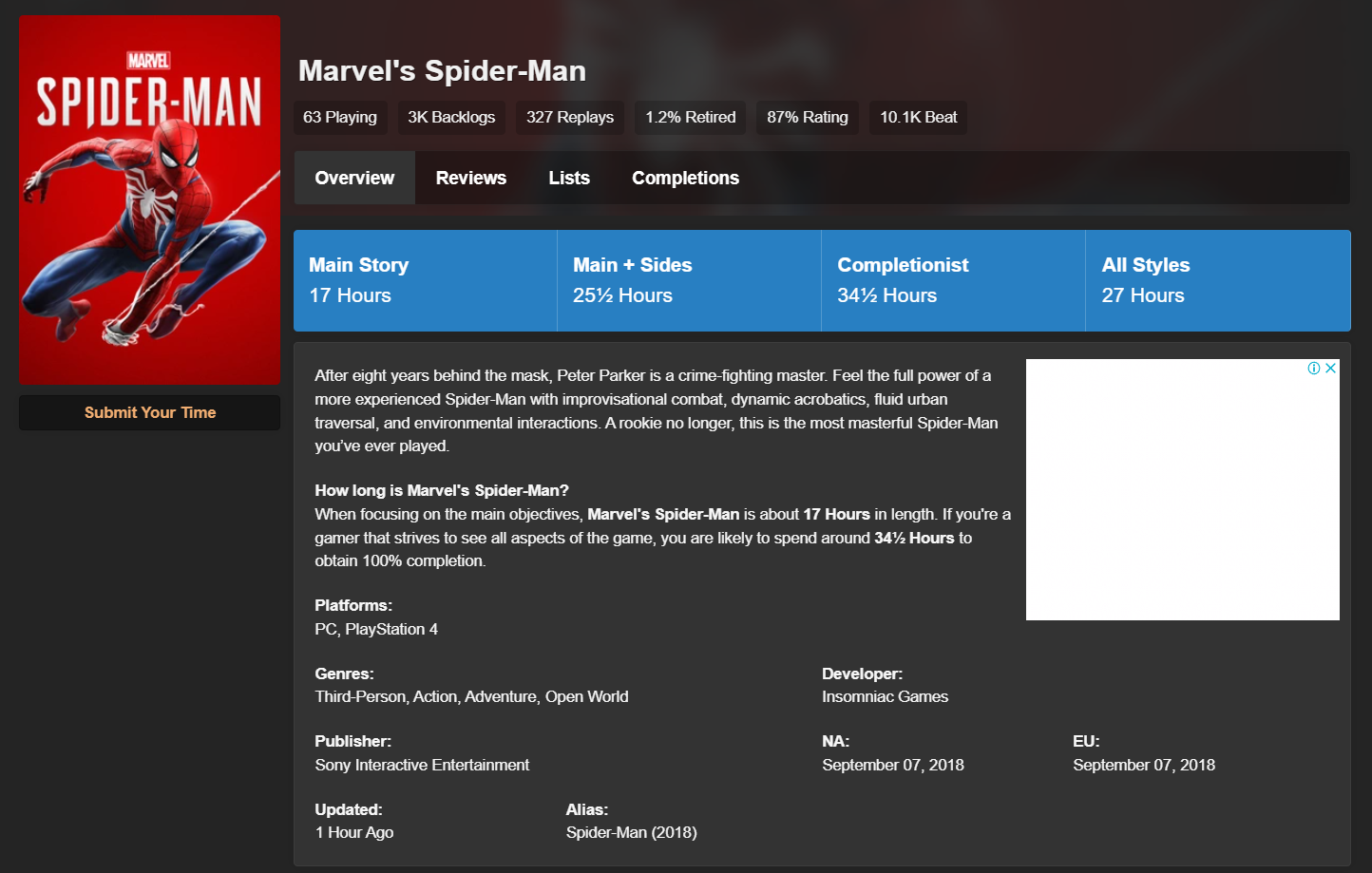 Tempos estimados para terminar Malvel's Spider-Man no How Long to Beat.