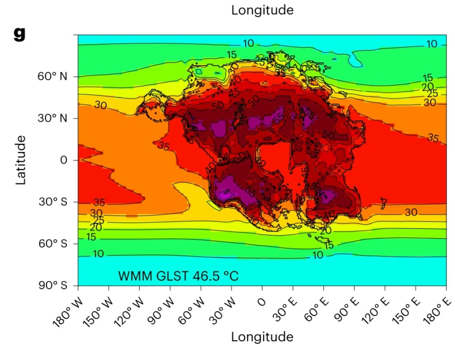 Superfície terrestre com alta concentração de CO2 durante um mês quente em Pangea Ultima.