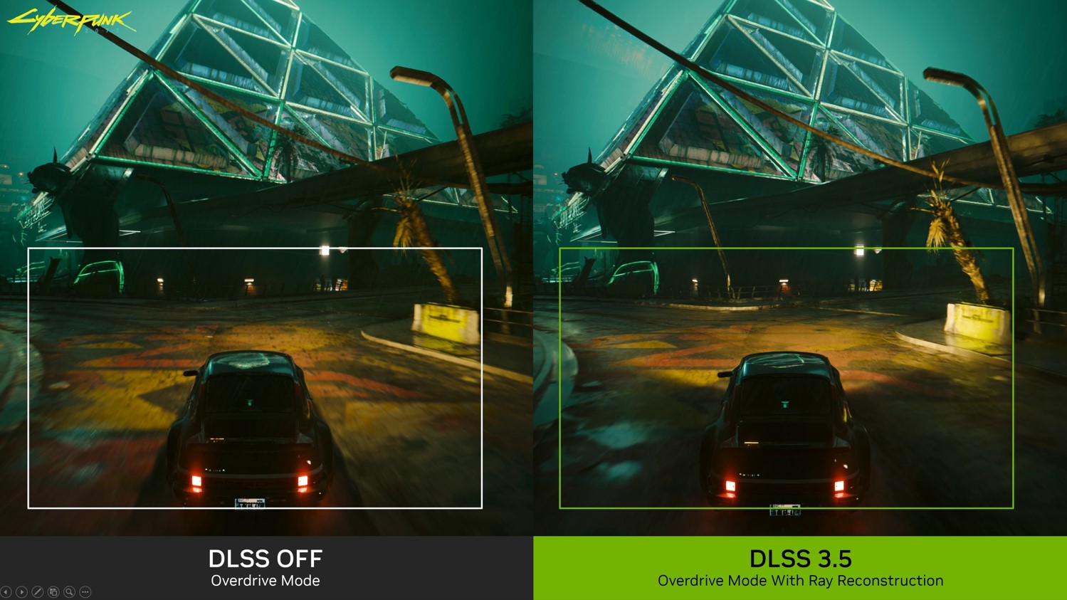 Exemplo da aplicação do DLSS no game Cyberpunk 2077