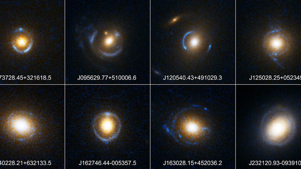 The image features different Einstein rings collected by the Hubble Space Telescope.
