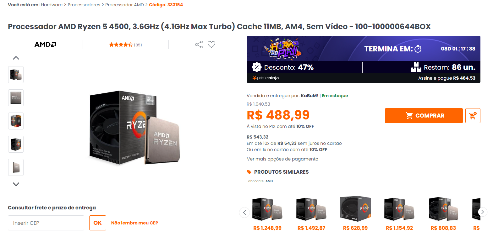 Ryzen 5 4500 por R$ 448,99