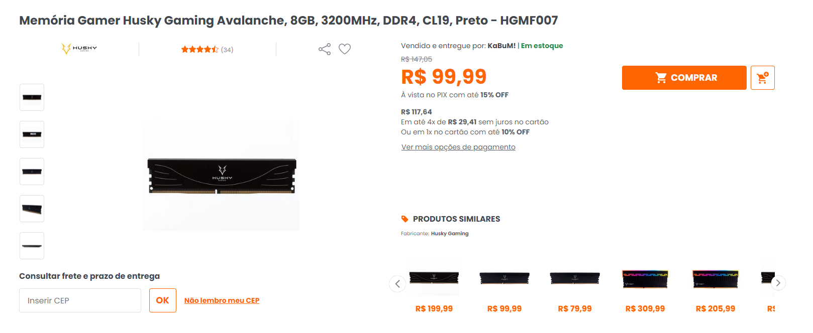 Pente de memória 8GB 3200 MT/s (Dois pentes por R$ 199,98)