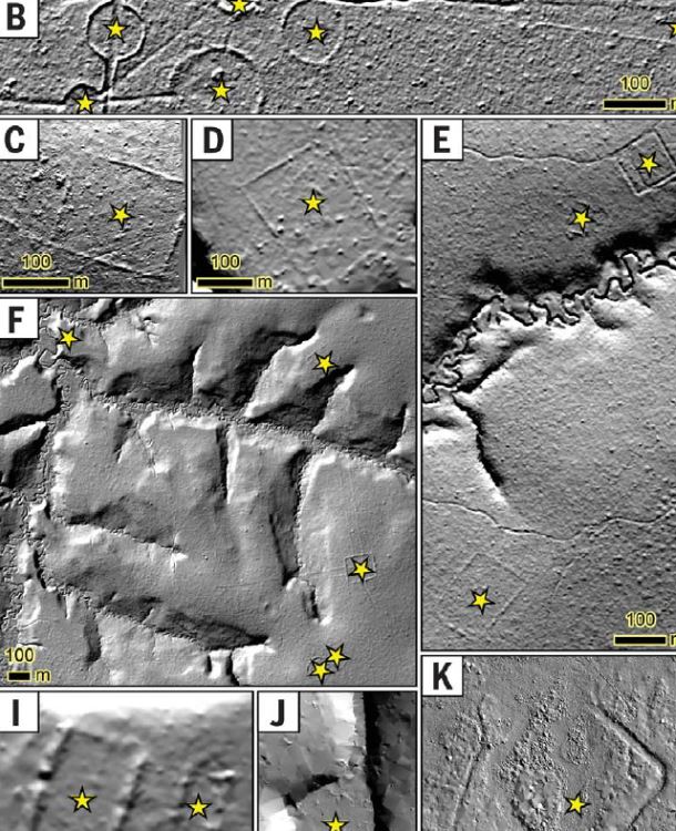 O estudo identificou sinais de estruturas arquitetônicas pré-colombianas, como é destacado nas estrelas amarelas.