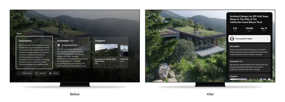 No app para smart TV, o YouTube exibe descrição e informações adicionais numa coluna lateral.