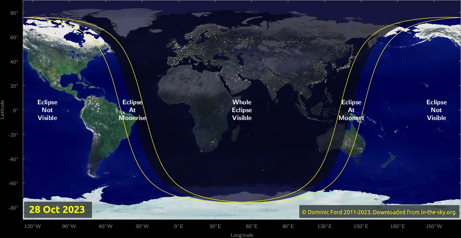 Mapa de visibilidade do eclipse lunar parcial de 28 de outubro de 2023.