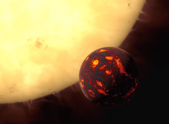 Esta impressão artística mostra a super-Terra 55 Cancri em frente a sua estrela-mãe.
