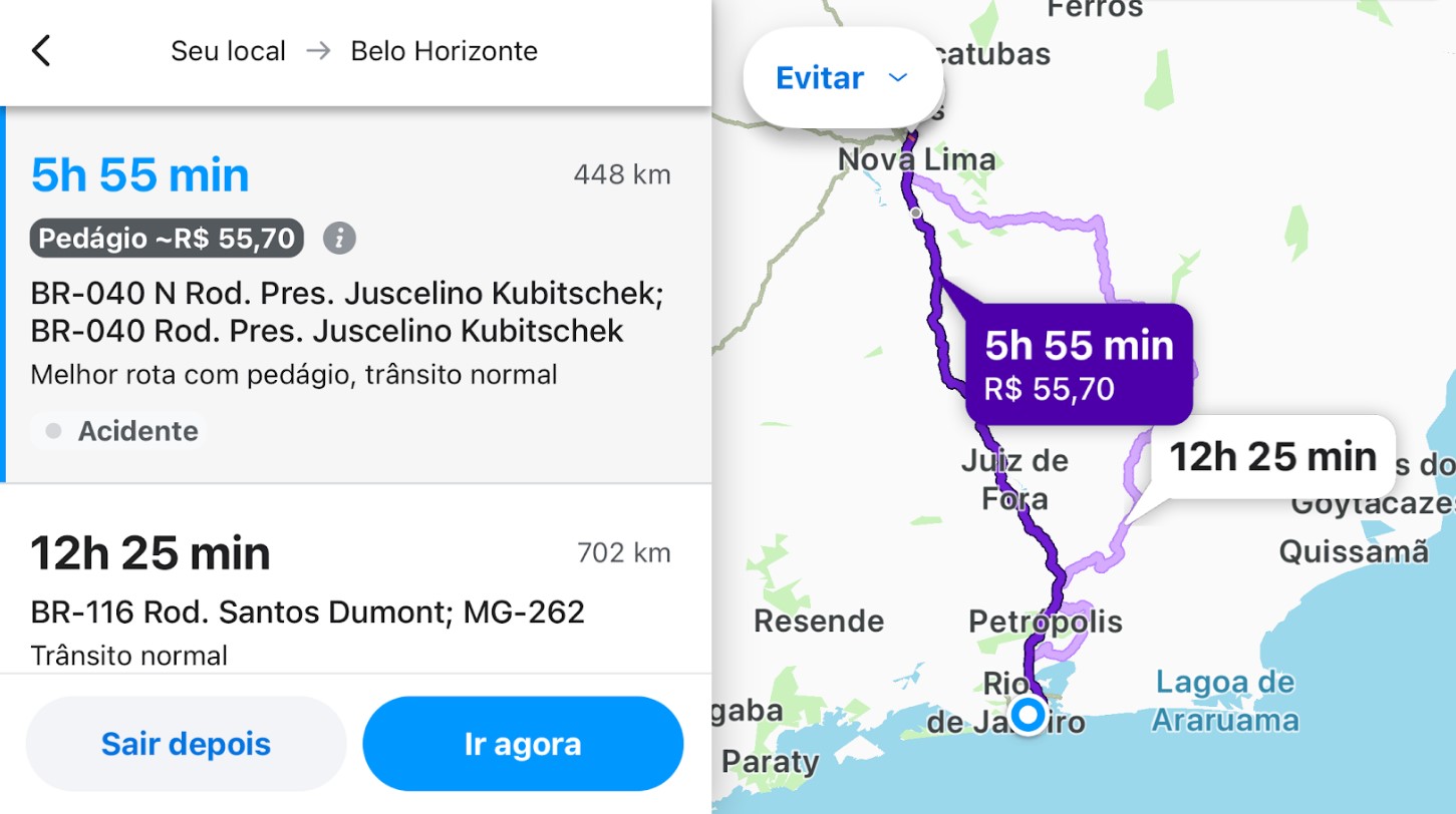 Em alguns apps é possível visualizar o preço total de pedágios pelo caminho