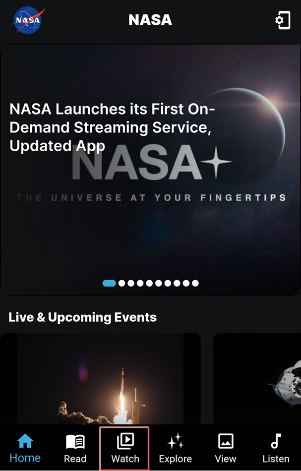 Tap the Watch tab to access NASA Plus content.