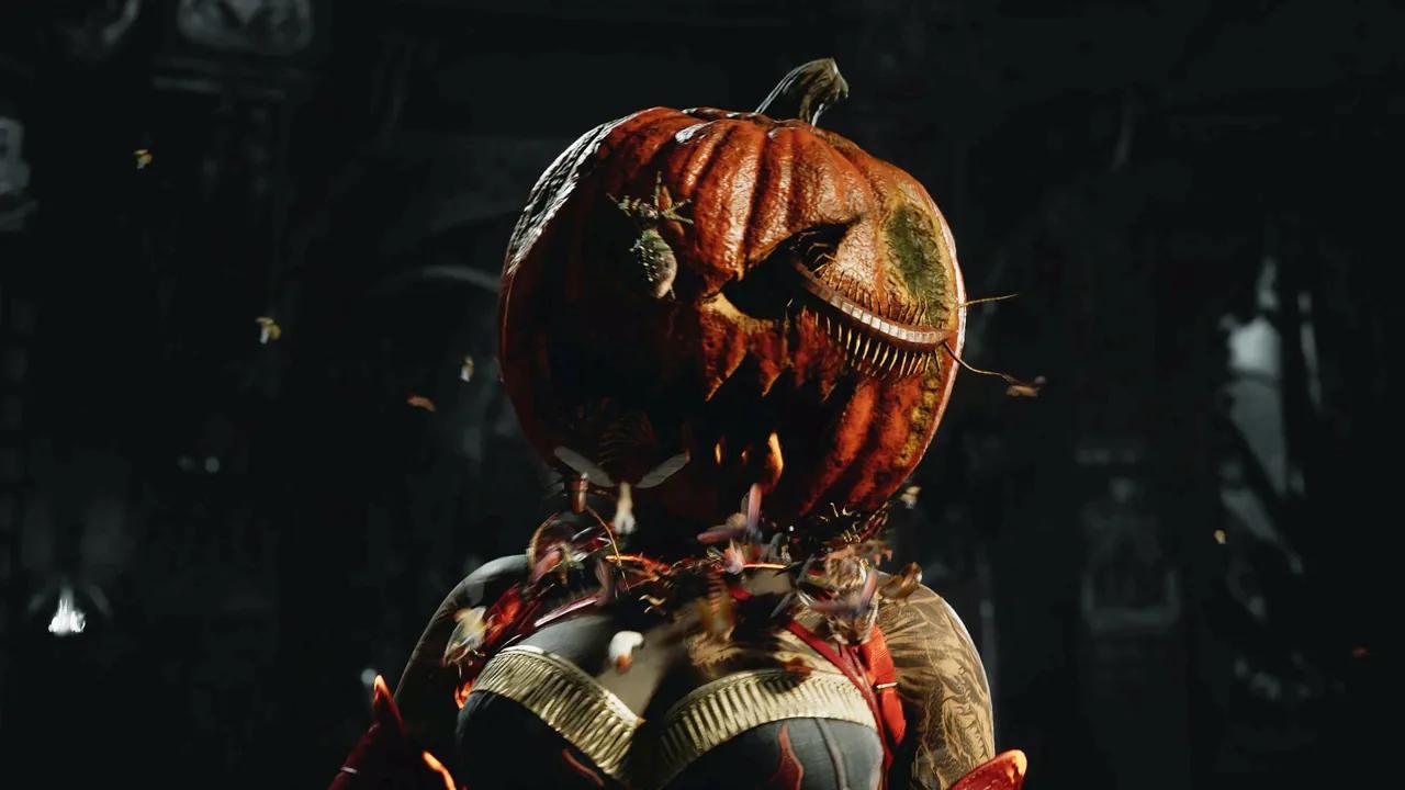 Polêmico Fatality de Halloween coloca uma abóbora na cabeça do adversário e a atira direto para a decoração da casa de uma família.