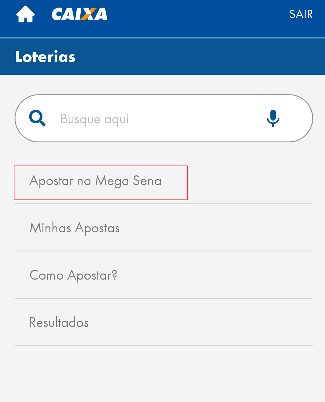 Acesse a opção Apostar na Mega Sena para indicar os números escolhidos.