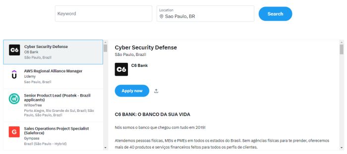 É possível encontrar algumas vagas de emprego no Brasil pela ferramenta.
