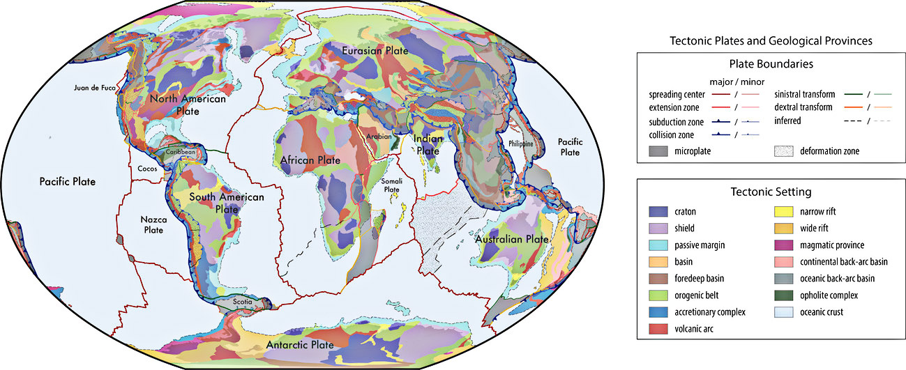 Placas tectônicas e províncias geológicas.