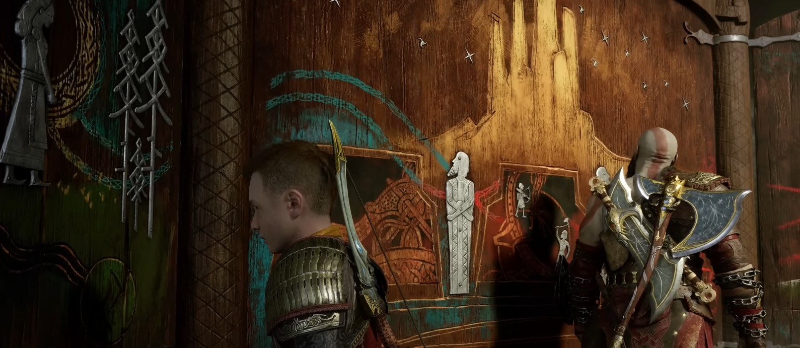 At the sanctuary, Kratos and Atreus check how their history was written.