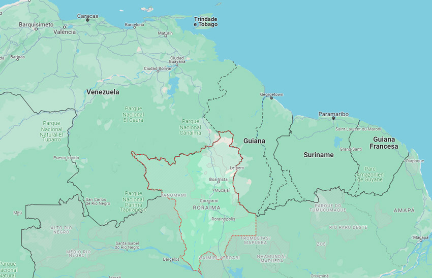Brasil faz fronteira com Venezuela e Guiana, com o Estado de Roraima ficando entre os dois países (Fonte: Google Maps/Reprodução)