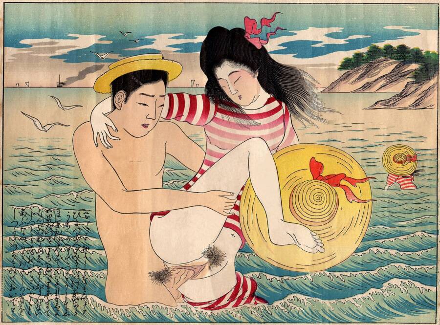 Casal faz sexo na praia em obra do pintor Terasaki Kogyo, feita em 1899. (Fonte: All That's Interesting/ Reprodução)