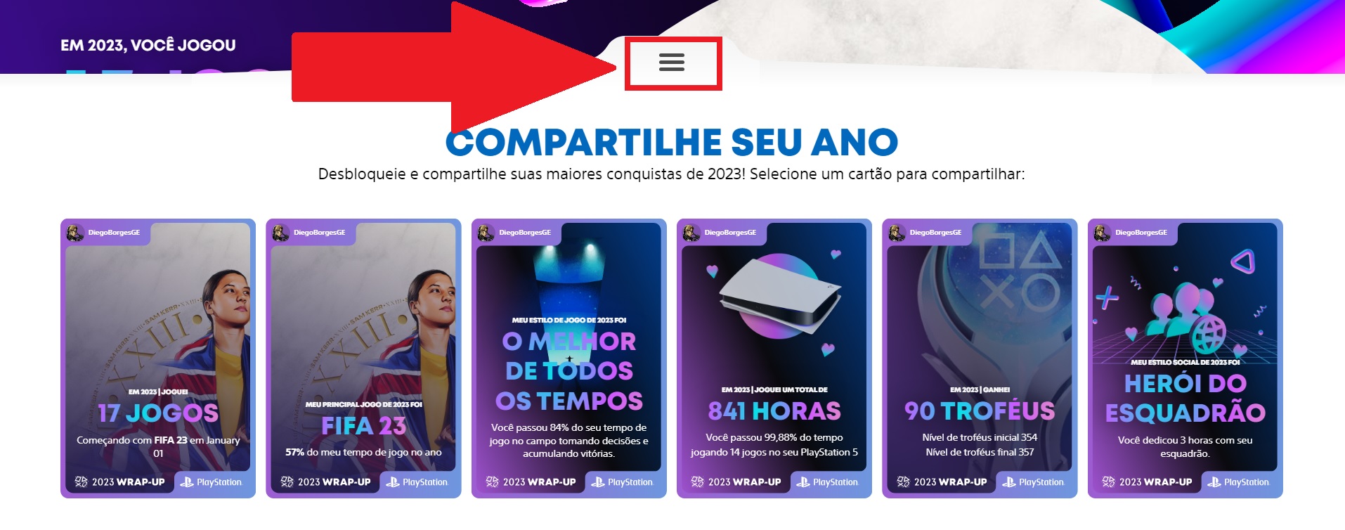 Apertando no botão com o símbolo de três linhas, você visualiza todos os cards do PlayStation Wrap Up.